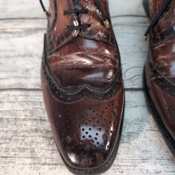 Lehato Brown Embossed Leather Wingtip Brogue Lace-Up Boots – Men’s US 7.5–8 - Picture 2 of 11